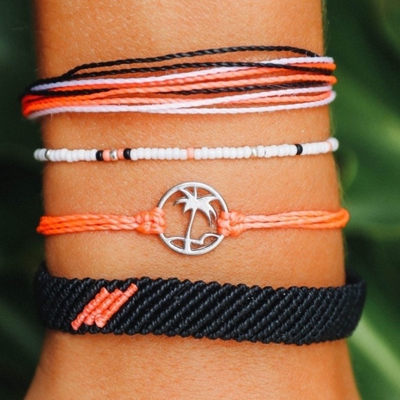 Pura Vida Bracelet Bundle Combo Set of 4. Palm Charm, Woven, Beaded Orange Black - Picture 1 of 14